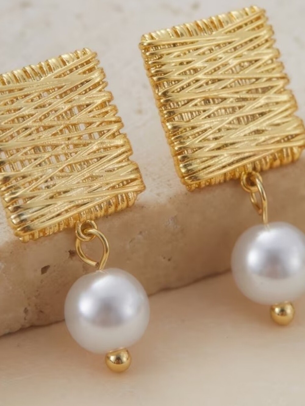 NEW! 14K Gold Plated Minimalist Geometric & White Pearl Drop Post Earrings